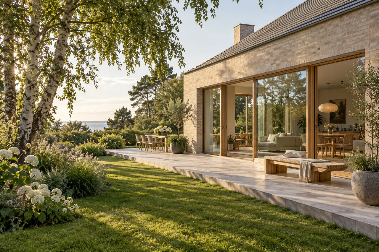 Fiktiv dansk villa med have og træterrasse